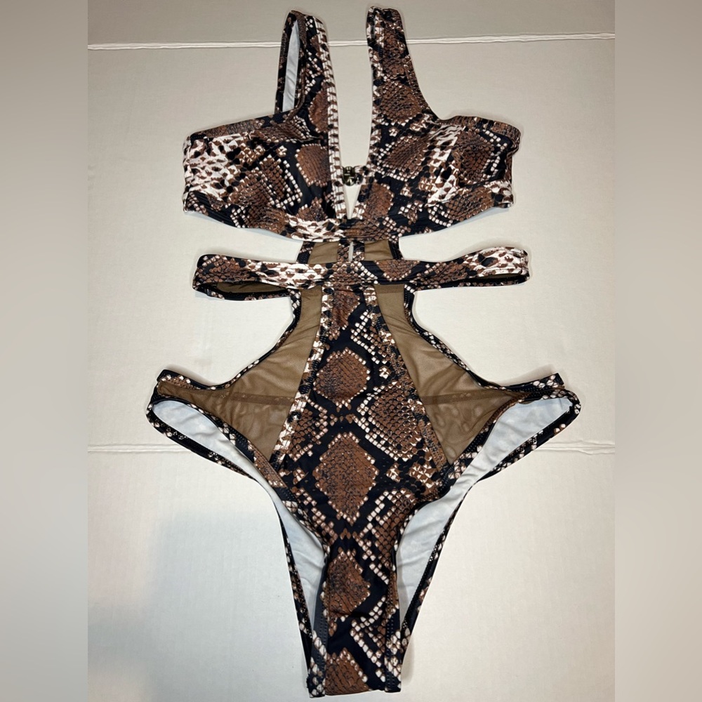 Matte Collection, Snake Print, Brown, Black, White Bathing Suit, size Medium,